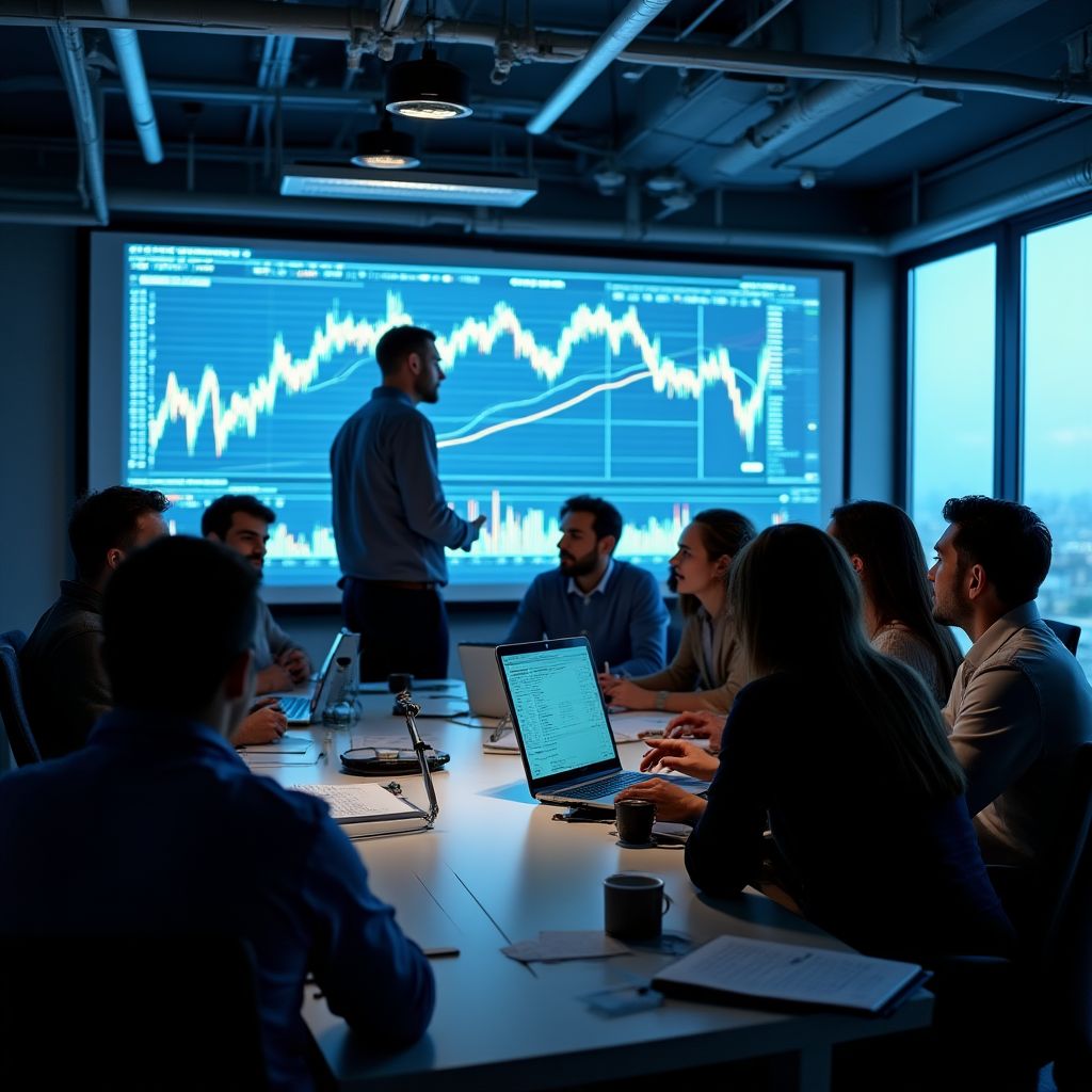 Personas en un taller analizando gráficos de inversión